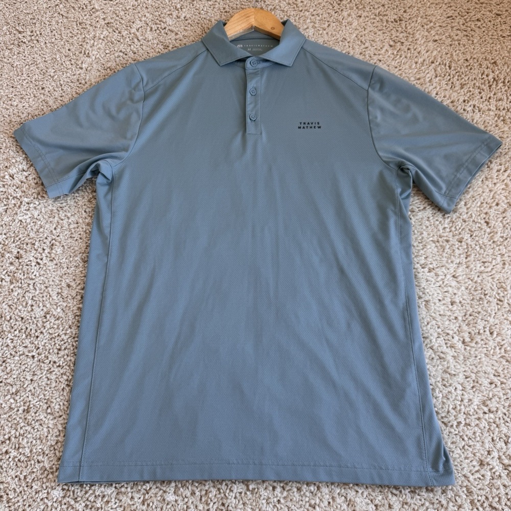 TravisMathew Polo Shirt Mens Medium Blue Gray Performance Golf Short Sleeve